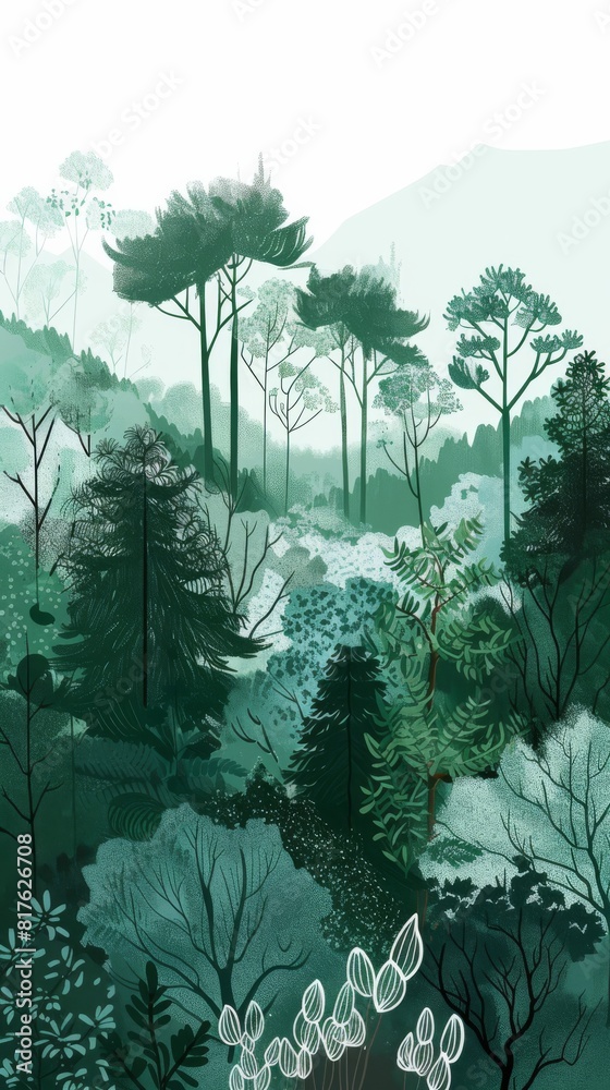 Aufkleber a painting of a forest with trees and a mountain in the background. the trees are green and the sky 