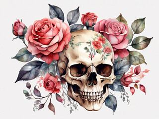 Skull with floral roses flower watercolor illustration with transparent background