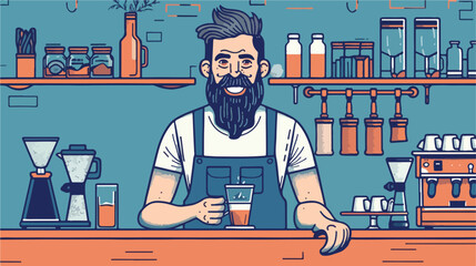 Poster or card template with cute smiling barista mak