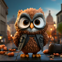 Owl on the street of the old city. 3d illustration