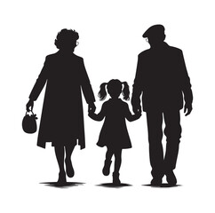 Silhouette  of grandparents walking with 
granddaughter Illustration icon vector
