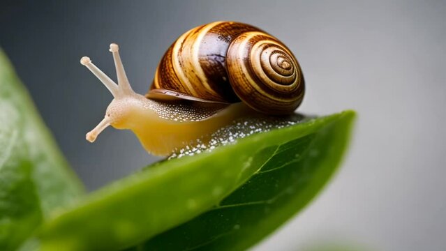 Snails crawl on green leaves close-up. The use of snail mucus in cosmetology. Skin care and beauty concept