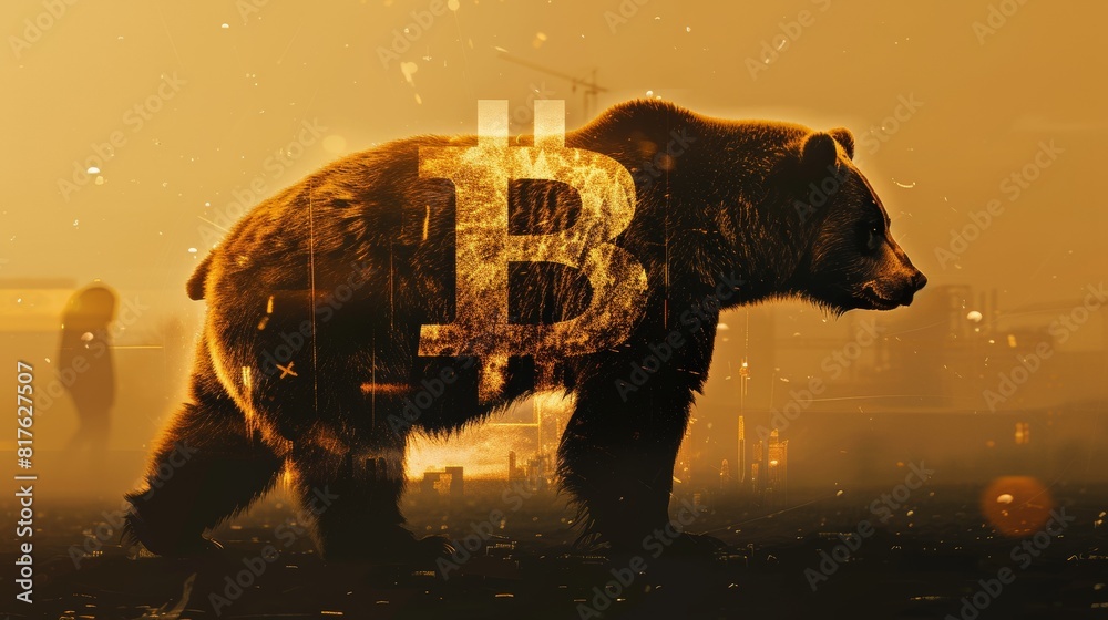 Poster a bear is walking in front of a building with the letter b on it. the bear is surrounded by a blurry