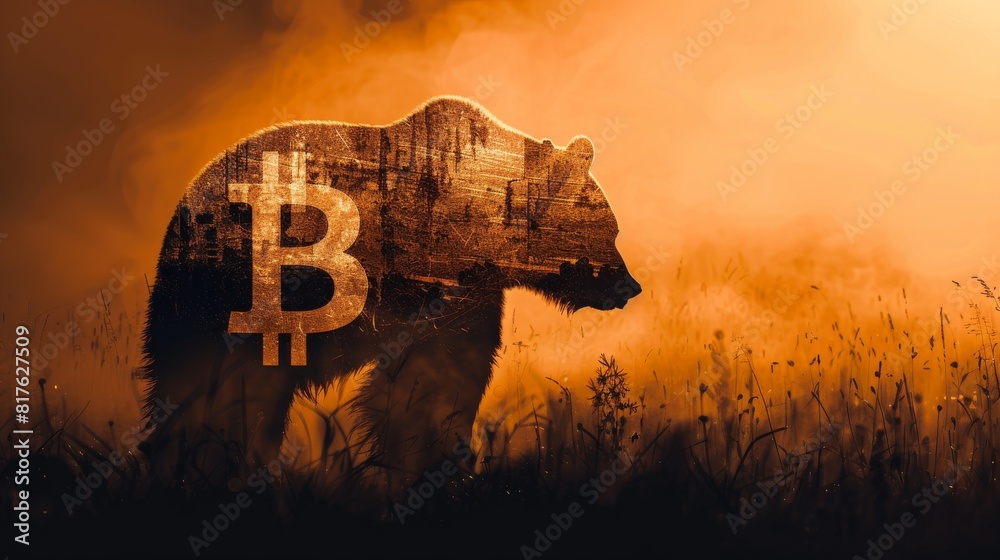Poster a bear is standing in a field with a large b on its back. the bear is surrounded by a blurry backgro