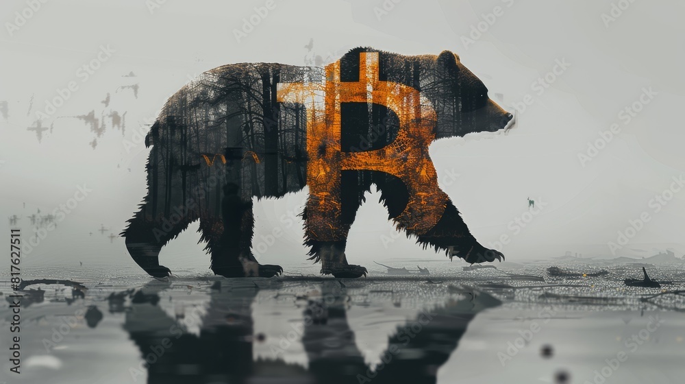 Aufkleber A bear is walking through a forest with the letters R and B on its back. The bear is surrounded by trees and the sky is cloudy. The bear is walking on a wet surface