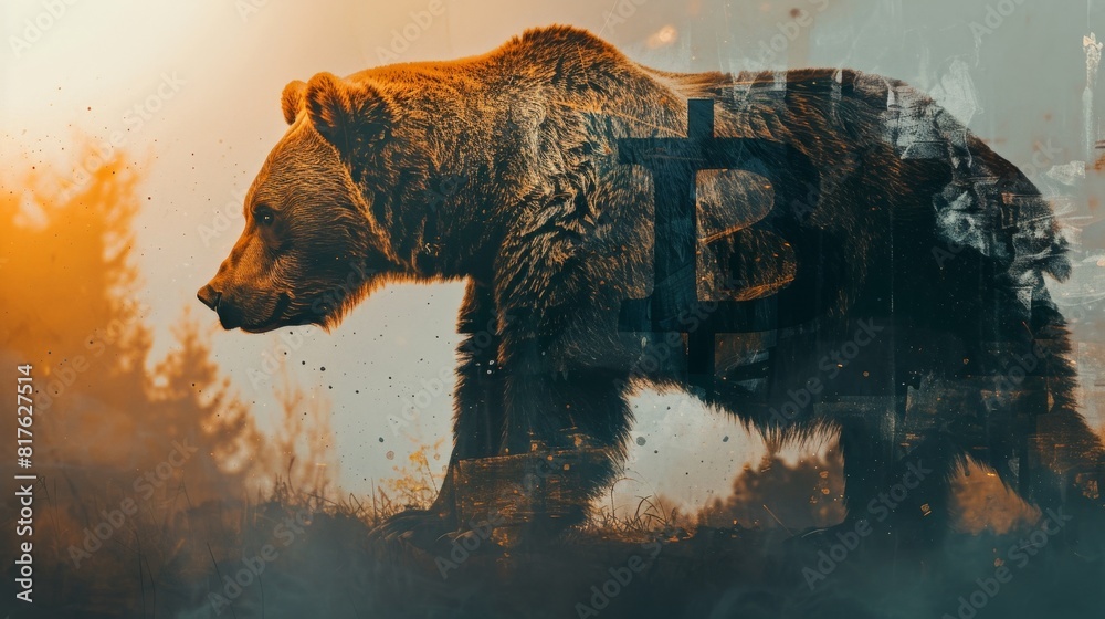 Poster A bear is walking through a forest with a large B on its back. The bear is surrounded by trees and the sky is cloudy. Concept of mystery and intrigue, as the bear's presence