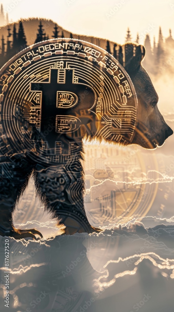 Poster a bear is walking through a forest with a digital token on its back. the bear is surrounded by a blu