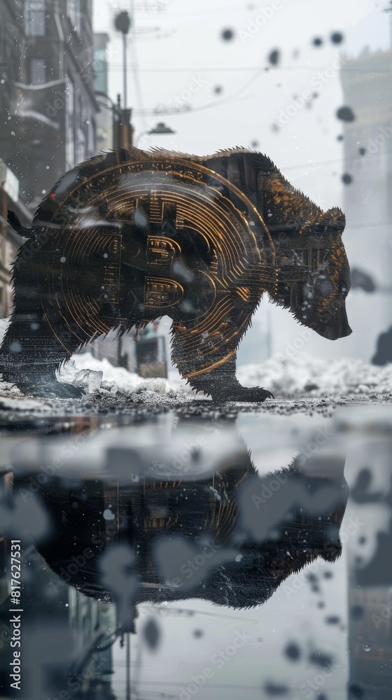 Poster A bear is walking on a wet street with a reflection of a bitcoin symbol in the water. Concept of mystery and intrigue, as the bear and the symbol seem to be connected in some way