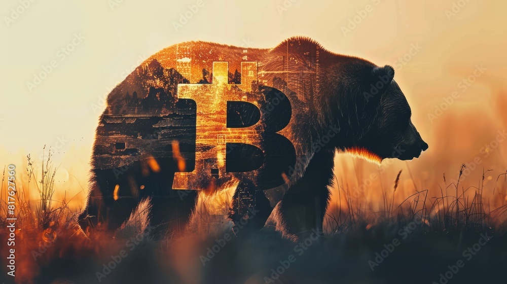 Aufkleber A bear is walking through a field with a large B in the middle of it. The bear is surrounded by a lot of grass and the sky is in the background. The image has a surreal and dreamlike quality to it
