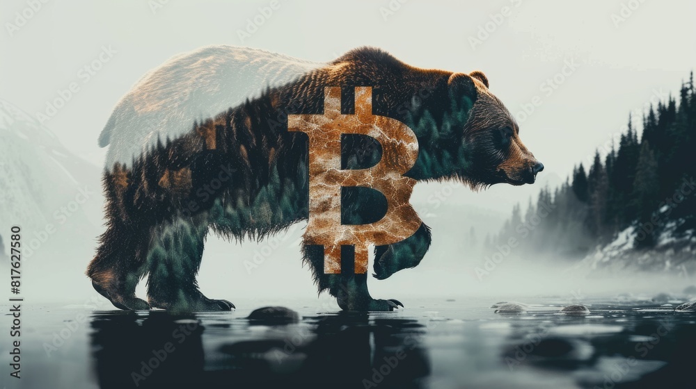 Poster a bear is standing in front of a mountain and the word 