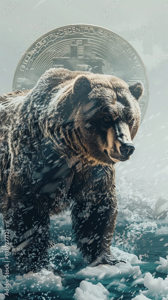 Poster A bear standing in the snow with a bitcoin symbol in the background. The bear is the main focus of the image, and the bitcoin symbol adds a sense of mystery and intrigue to the scene