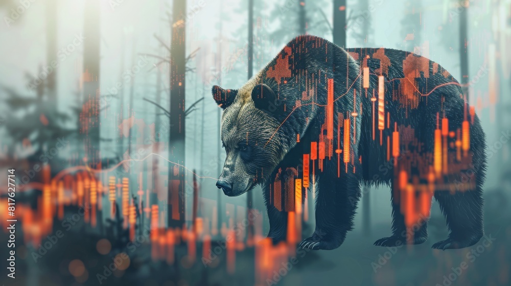Poster A bear is walking through a forest with a lot of orange and red lines in the background. The bear is surrounded by a lot of data and numbers, giving the image a sense of chaos and confusion