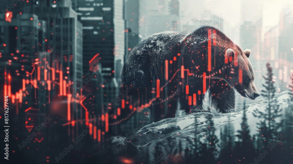 Leinwandbilder A bear is standing in front of a city skyline with a red and black background. The bear is surrounded by a series of red and black lines that resemble a graph. Concept of chaos and unpredictability
