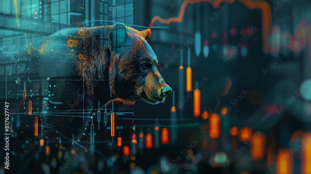 Fototapete a bear is staring at a screen with a lot of numbers and lines. the bear is surrounded by a lot of nu