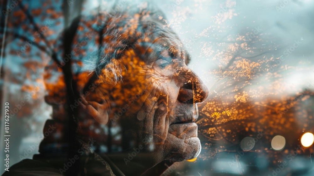 Poster a man's face is reflected in a window, with trees in the background. the man is looking at something