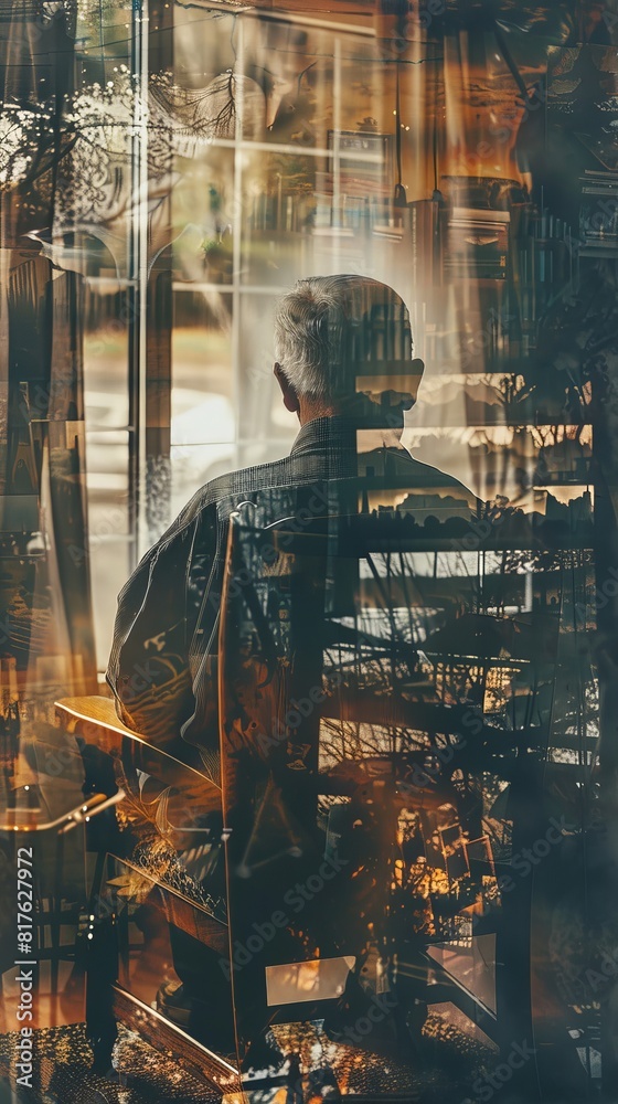 Poster a man is sitting in a chair in front of a window. the image has a sense of loneliness and contemplat
