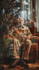 A man is sitting in a chair in front of a window. He is wearing a plaid shirt and khaki pants. The chair is brown and has a wooden frame