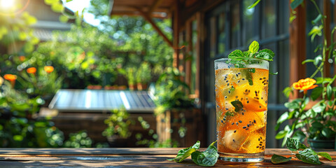 Iced tea with passion fruit and mint leaves, showcased in a serene garden environment, great for summer refreshment advertising.