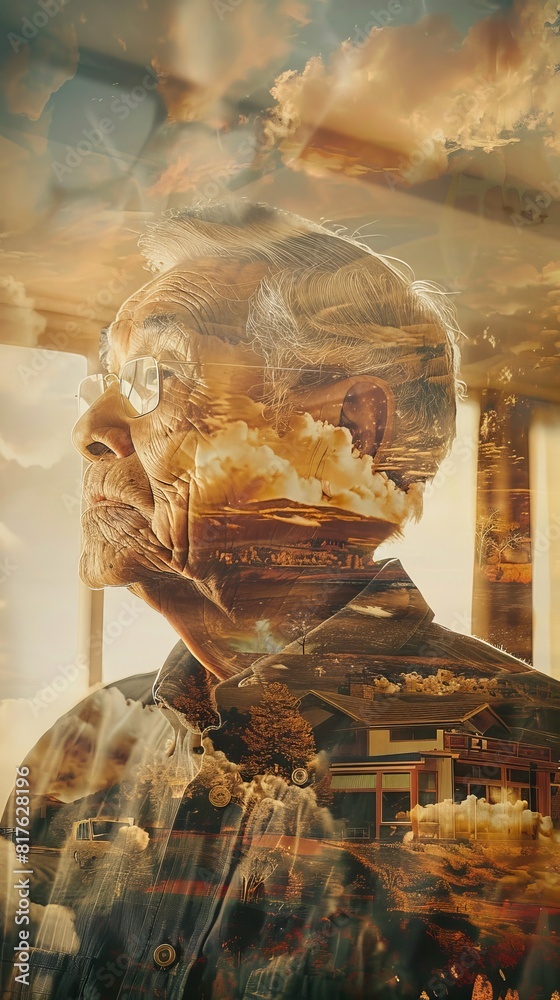 Poster a man's face is shown in a distorted way, with a blurry background and a cloudy sky. the man is wear