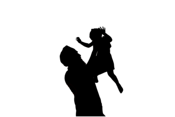 Silhouette of a father and his daughter on a white background. Father playing with his daughter holding her in the air