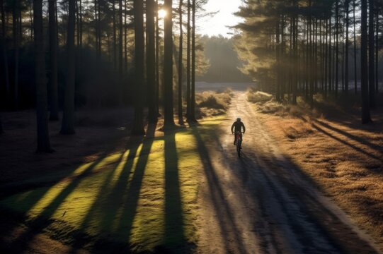Elevated/drone view of an adventure cyclist on his gravel bike in the forest on a cold but sunny winter's morning