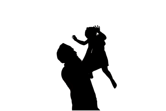 Silhouette of a father and his daughter on a white background. Father playing with his daughter holding her in the air