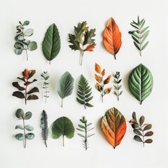 Fototapeta premium Various Fresh Green Leaves Arranged Neatly on White Background