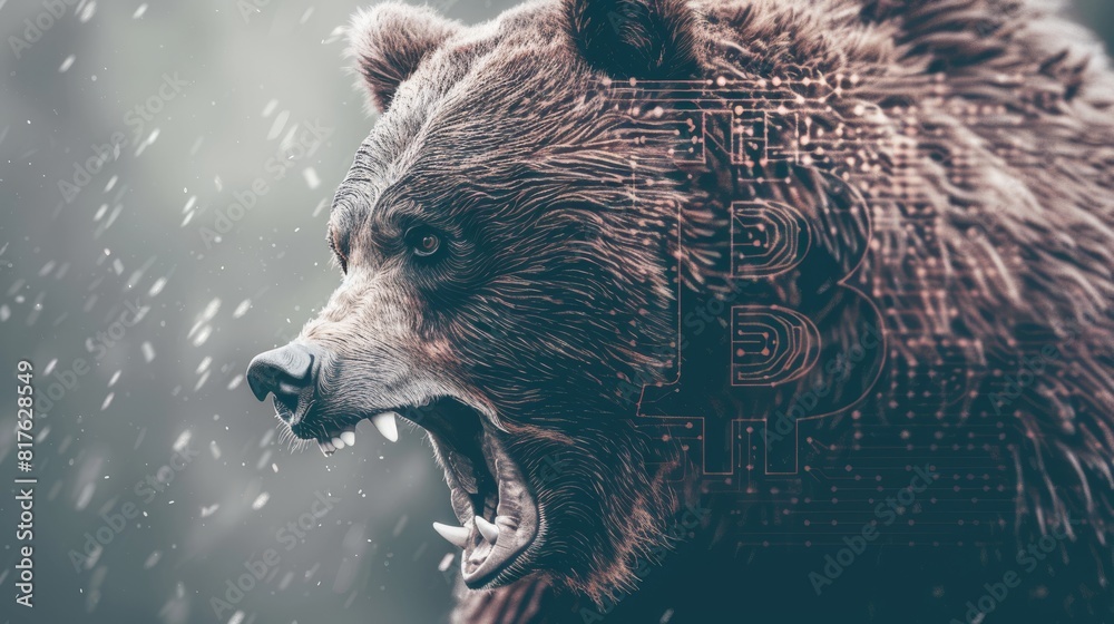 Poster a bear with its mouth open and teeth bared, with the letters b and t on its face
