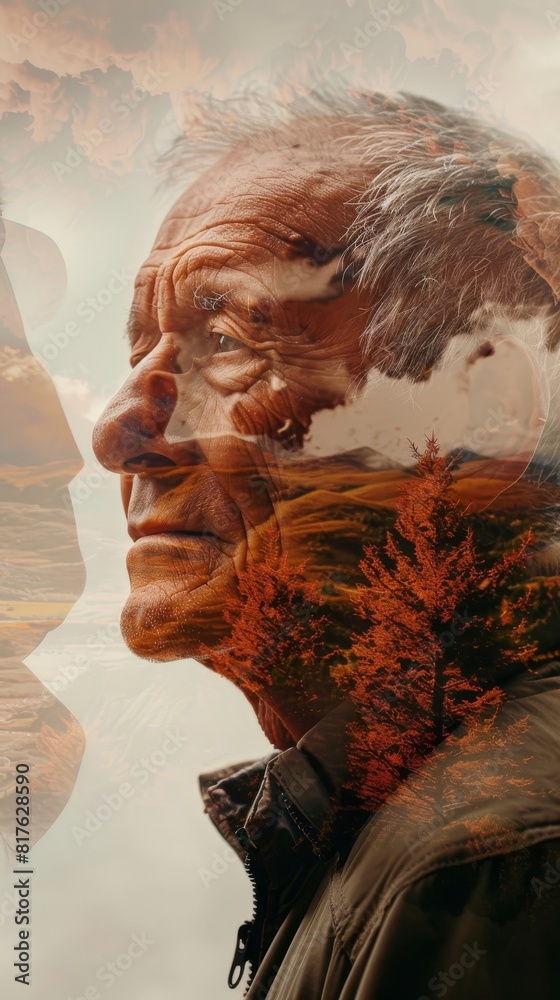 Poster A man's face is shown in a distorted way, with trees and clouds in the background. Concept of nostalgia and longing, as if the man is looking back on his life and the memories he has made