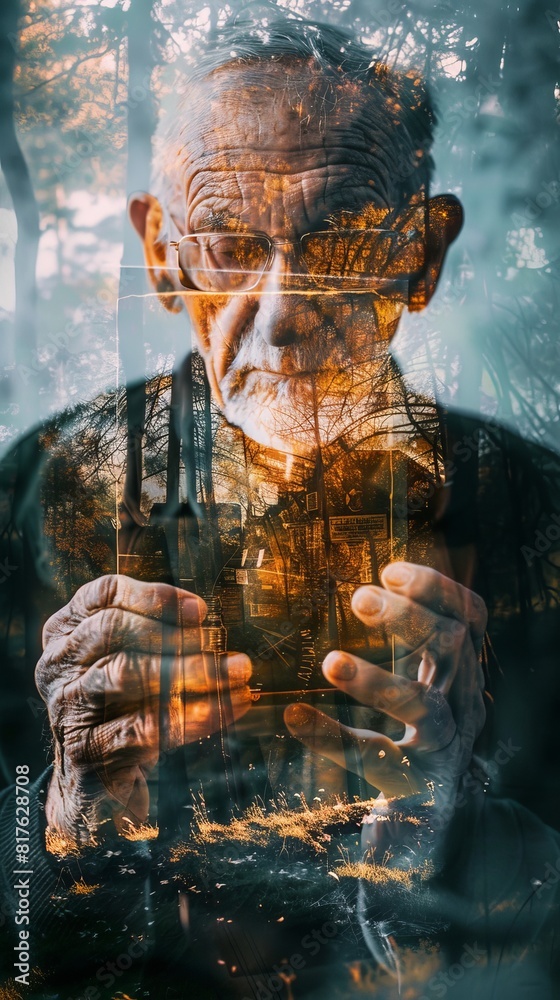 Poster a man is holding a cell phone in his hand. the image is a reflection of the man, with the trees and 