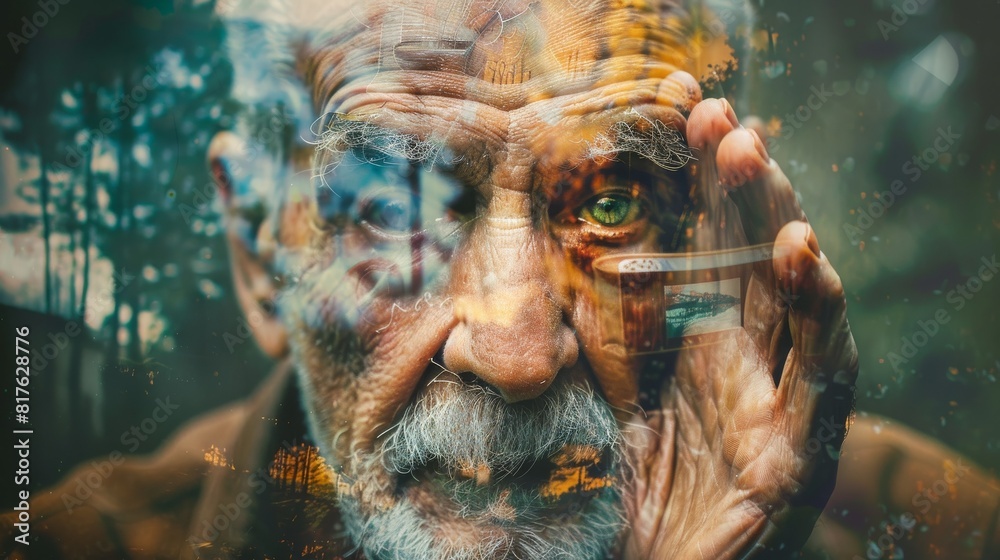 Poster a man's face is reflected in a window, with his eyes looking away. the image has a melancholic and i