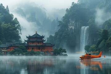 Obraz premium Mystical morning at a traditional Chinese pagoda by a waterfall with a hovering helicopter.