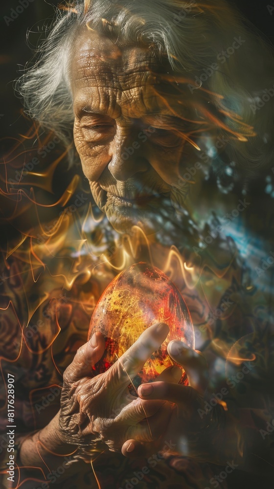 Poster a woman is holding a glowing orange object in her hands. the image has a surreal and dreamlike quali
