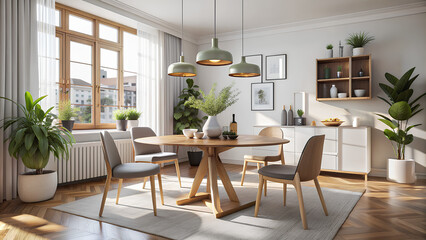 Fototapeta premium Interior design of modern scandinavian dining room