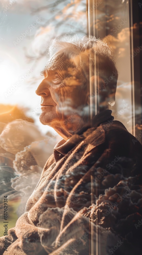 Poster a man is sitting in a window looking out at the sky. the sky is cloudy and the sun is shining throug