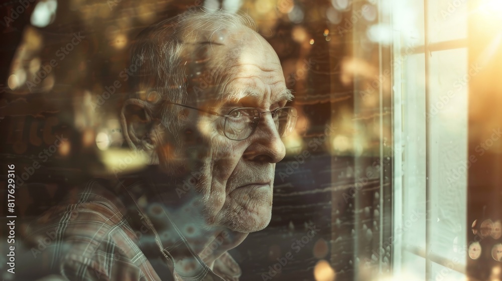 Poster a man with glasses is looking out a window. he is sad or lonely. the window is foggy, which adds to 