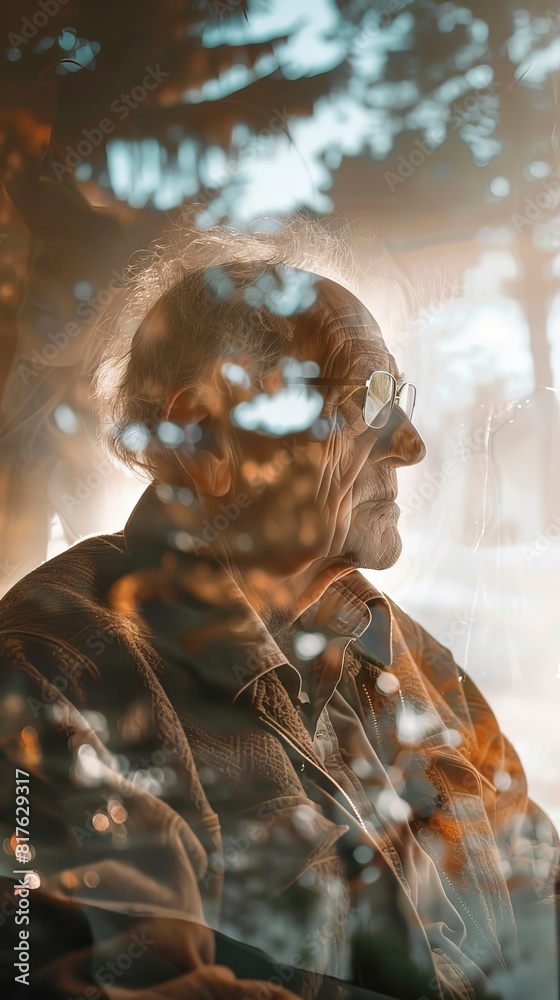 Poster a man with glasses is sitting in a chair. he is looking at the camera. the image has a nostalgic and