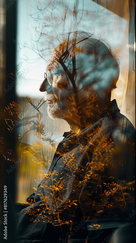 Poster a man is sitting in a chair with a view of trees outside. the man is wearing glasses and he is looki