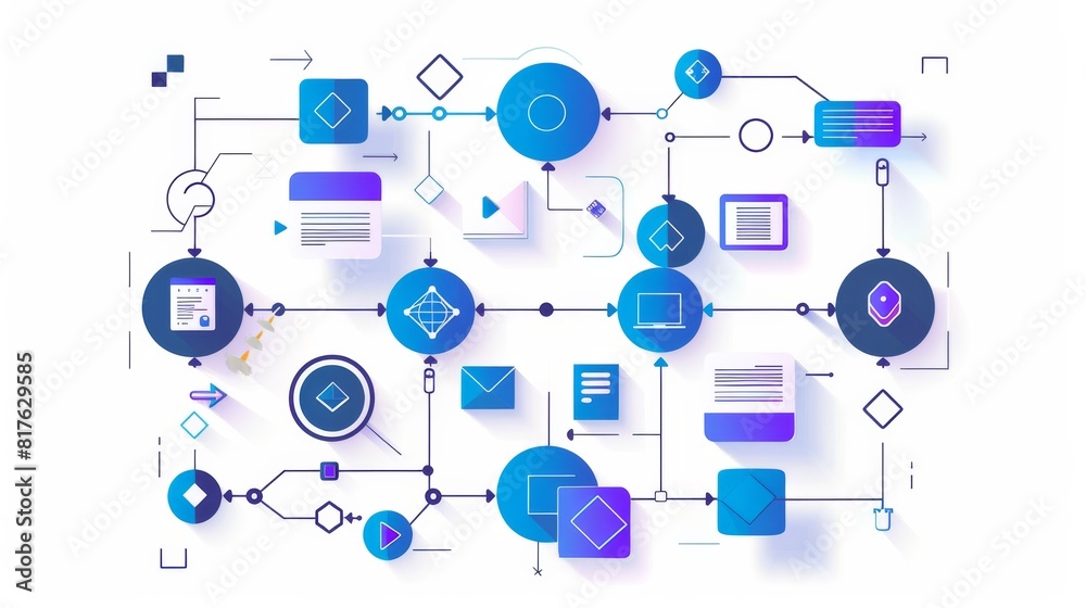 Poster a blue and white image of a computer network with many different icons and shapes. concept of a comp