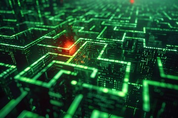 A digital maze teeming with glowing green code, a single red virus particle navigating through the labyrinth, photorealistic