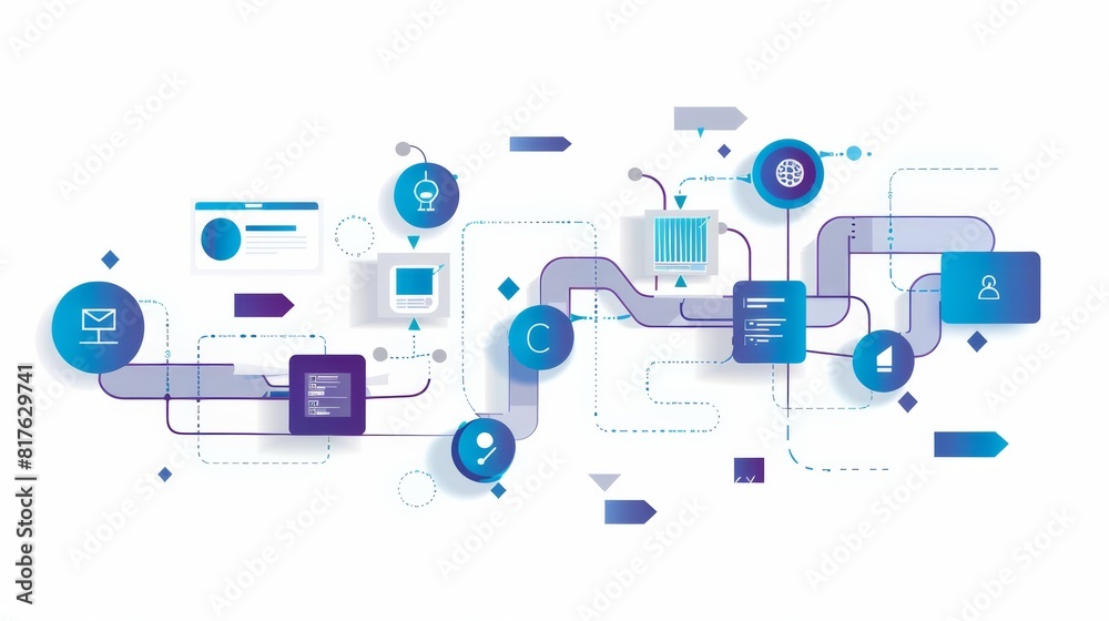 Poster a blue and white image of a computer network with many different icons and arrows. concept of a comp