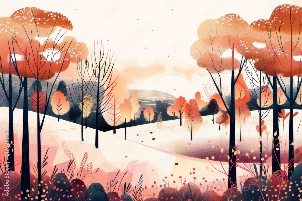 Poster a painting of a forest with trees in the foreground and background. the trees are orange and the sky