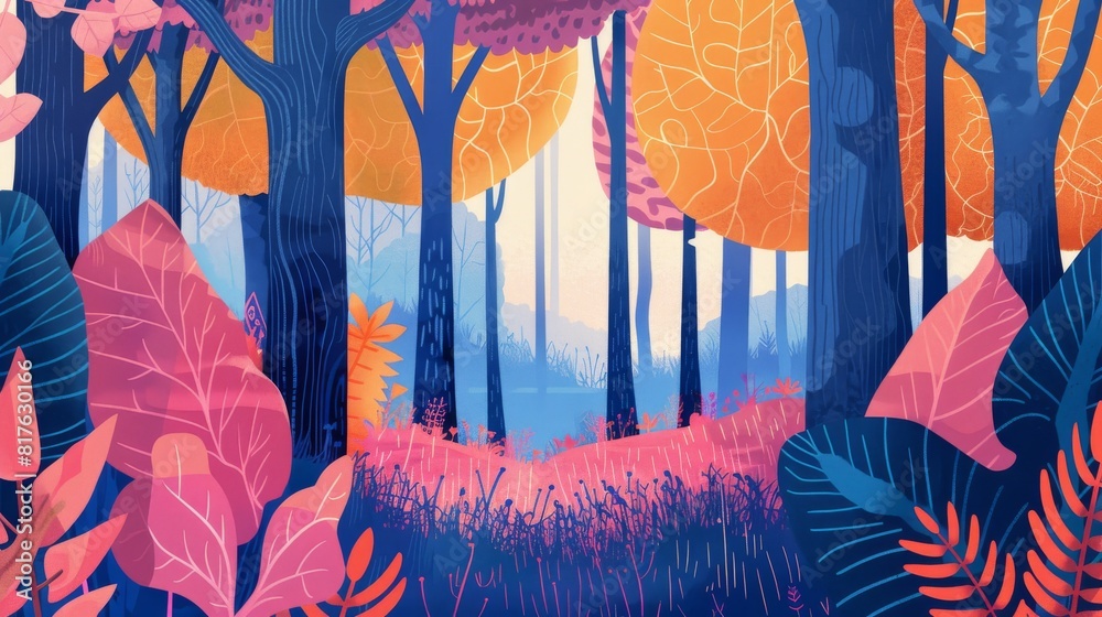 Poster a colorful forest scene with trees and bushes. the trees are pink and blue, and the bushes are purpl
