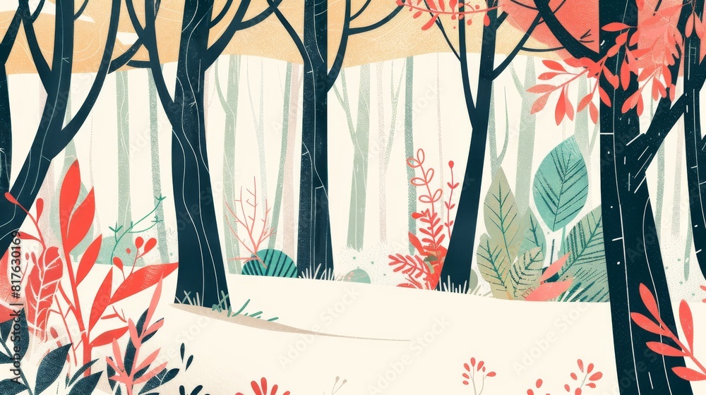 Poster a drawing of a forest with trees and flowers