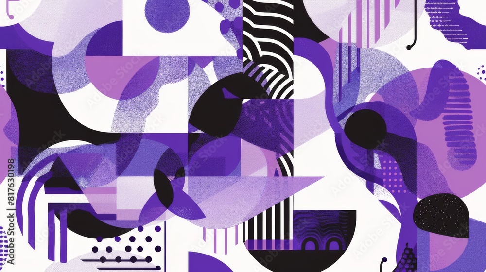 Poster a colorful abstract painting with purple and white tones. the painting is full of shapes and lines, 