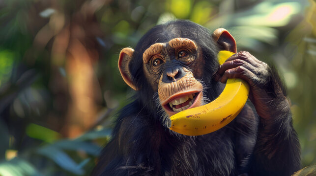 A monkey with a banana phone, against a tropical forest background