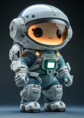 Fototapeta premium A cute little astronaut-shaped rubber figurine, white with blue accents and a green LED light