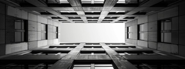 A black and white photograph capturing the symmetry of architectural lines.
