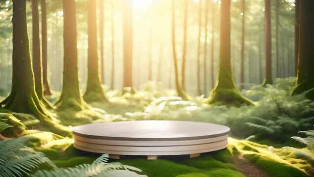 An empty wooden platform sits in the middle of a sunlit forest, surrounded by lush greenery. Rays of sunlight filter through the trees, creating a serene and magical atmosphere. 