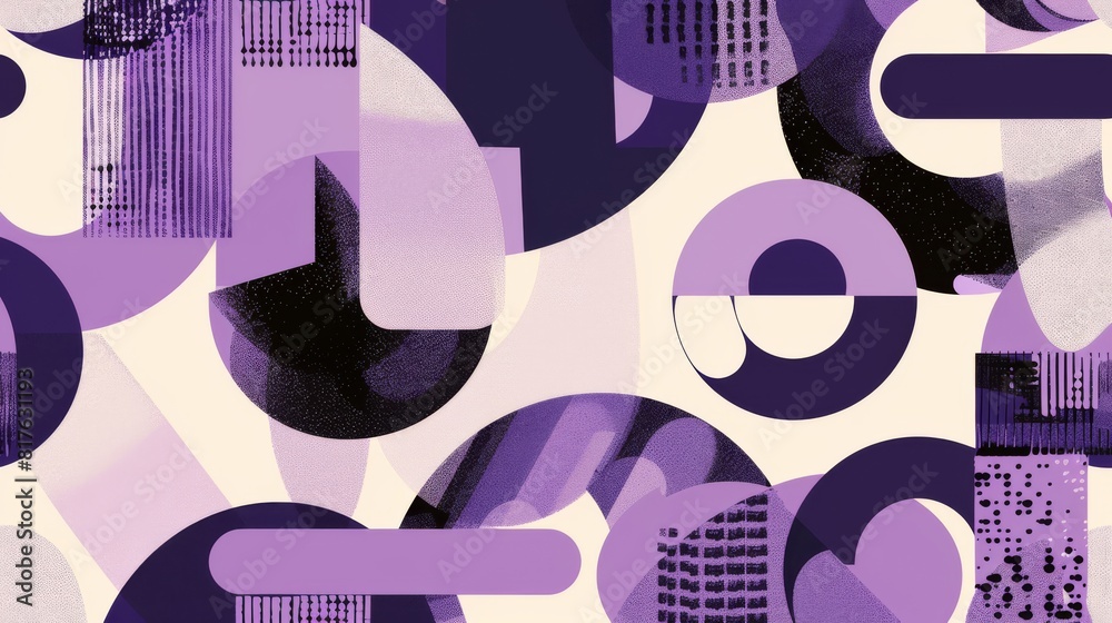 Poster a colorful abstract painting with purple and black shapes. the painting is full of different shapes 
